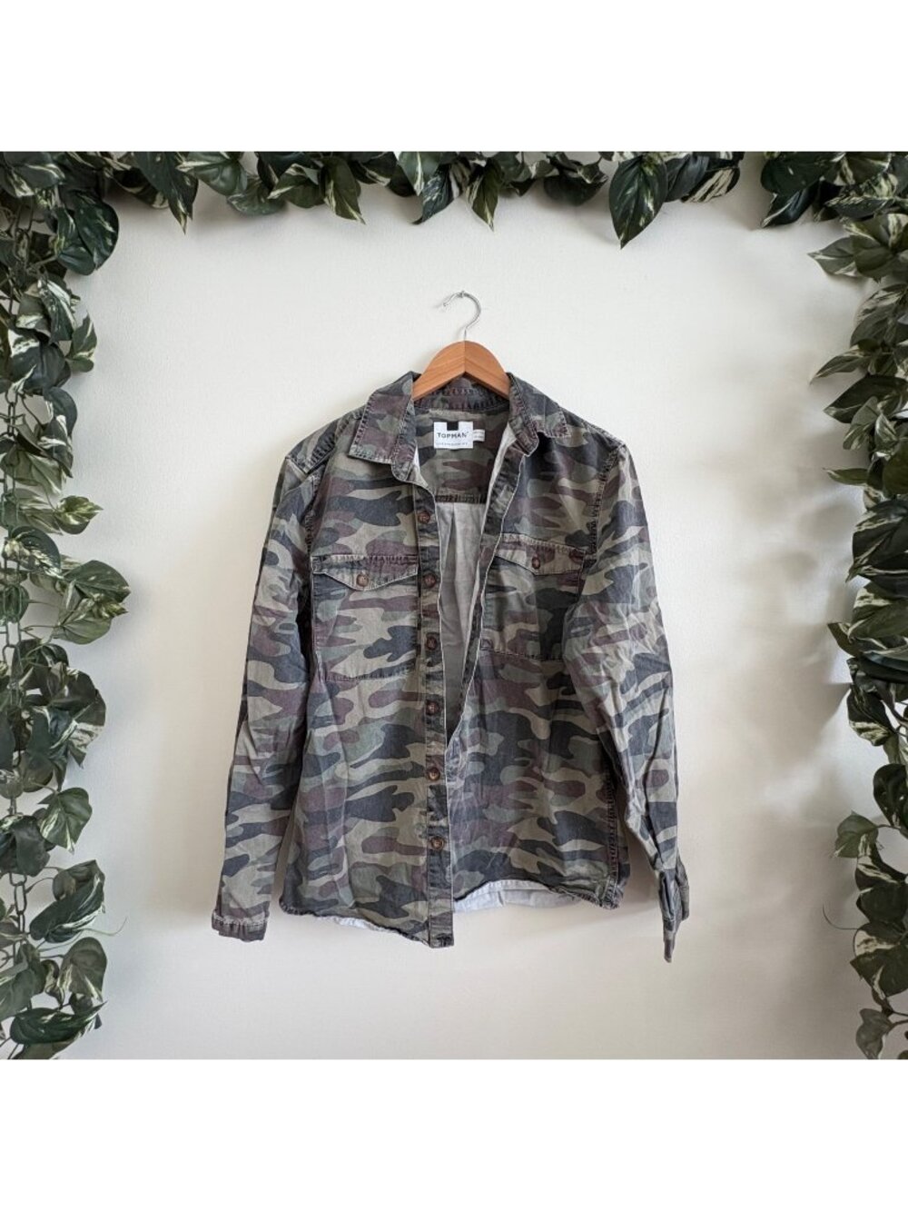 Topman Long Sleeve Front Button Canvas Shirt Camo Green Men’s Size M